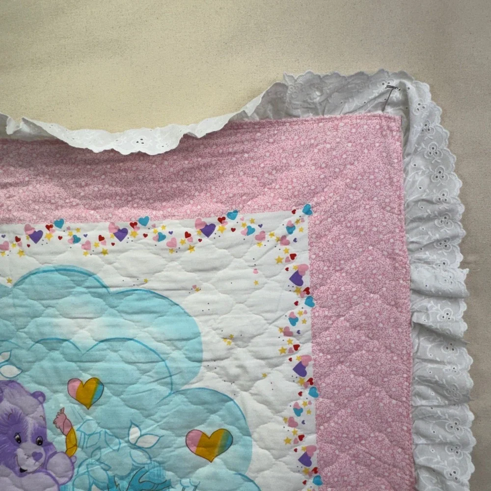 Vintage 80s Care Bears Cousins Baby Blanket Quilt Pink Eyelet Ruffles Kidcore